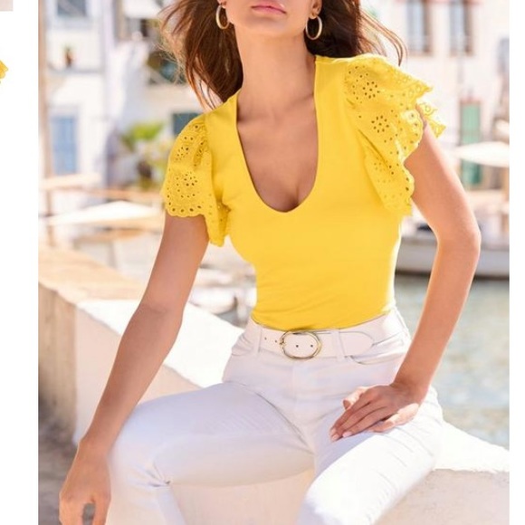 💓Firm Price 💓Sleeve V Neck Knit Top Size S&M&L Color Lemon Drop Brand New - Picture 1 of 5